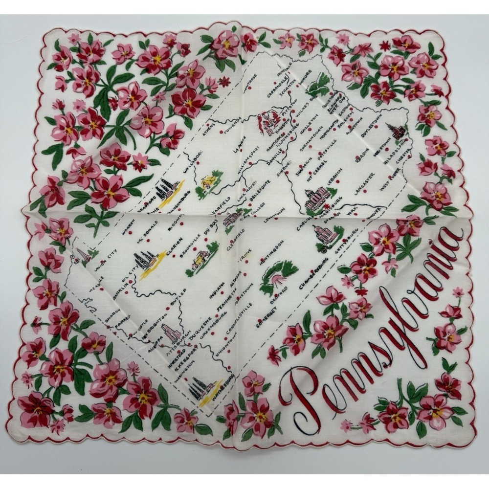 Vgt Pennsylvania State Souvenir Cotton Hankie Handkerchief 13"x13"‎